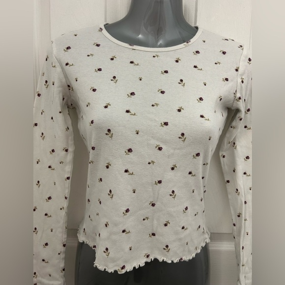 White and Purple Flower Long Sleeve Crop Top, Sz S - Picture 2 of 6